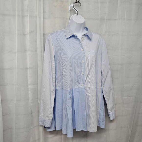French Connection Blue Striped Button Blouse Peplum Preppy L - Picture 5 of 13